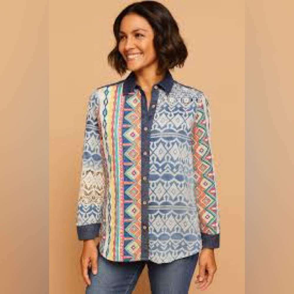 John Mark Embroidered Patchwork Lace Blue Tie-Dye… - image 1